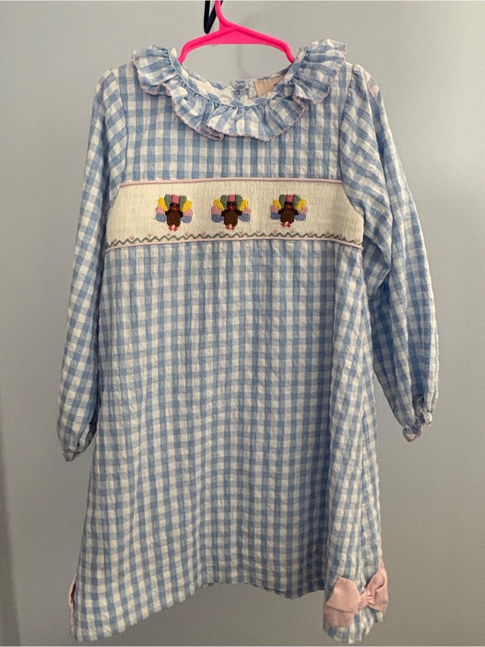 Blue Gingham Smocked Kids Dress with Pink Bow Trim